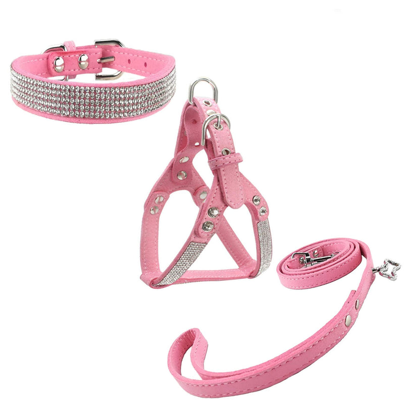 Dog Collar & Harness & Lead Sets Fashion Dog Collar Diamante with Harness & Leashes Comfortable Soft Collar Harness and Leashes Set for Dog - Pink - XS - PawsPlanet Australia