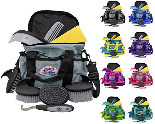 Derby Originals 9Piece Horse Grooming Set with Matching Nylon Carry Bag - Available in 8 Fun Colors, Grey & Black Grey/Black - PawsPlanet Australia