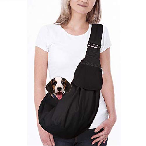 Dog Padded Papoose Sling, Small Pet Sling Carrier Hands Free Carry Adjustable Shoulder Strap Reversible Tote Bag with a Pocket Safety Belt Dog Cat Traveling Subway 5-12lbs Water-Resistant Black - PawsPlanet Australia