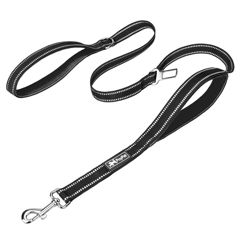 PoyPet 5 Feet Dog Leash - 3M Reflective - 2 Cushioned Handles - Functional Car Seat Belt(Black) Black Classic - PawsPlanet Australia