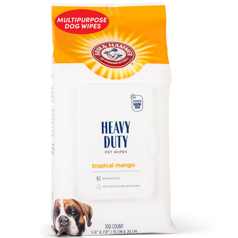 Arm & Hammer for Pets Heavy Duty Multipurpose Dog Wipes, Paw and Butt Wipes for Dogs to Help Clean Deodorize and Freshen Coat and Skin Between Baths, Mango Scent, 100 Count Bathing Wipes 100 Count (Pack of 1) - PawsPlanet Australia