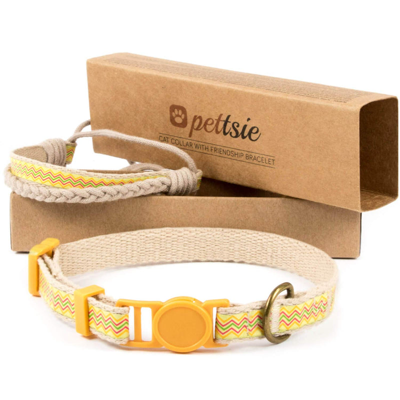 Pettsie Breakaway Cat Collar & Matching Friendship Bracelet – Soft Cotton, Safe & Comfortable, Adjustable 7.5"-11.5", Yellow 7.5"-11.5" Neck