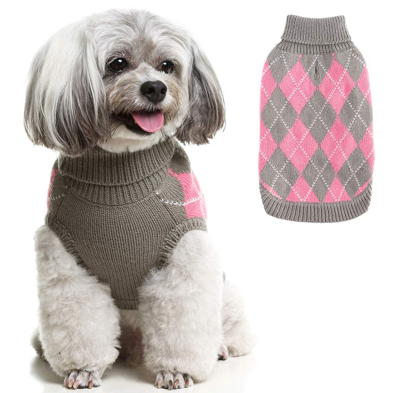 PAWCHIE Classic Dog Sweater Knit Turtleneck, Plaid Knitwear Sweaters, Warm Clothes for Small to Large Dogs… S Grey & Pink - PawsPlanet Australia