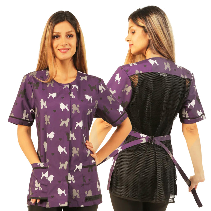 Ladybird Line 710 Purple Poodle Print Waterproof Dog Grooming Smock Hair and Bleach Resistant Covered Zipper Panel Mesh Back 4X-Large - PawsPlanet Australia