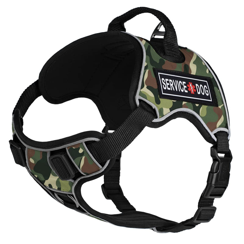 Dogline Quest No-Pull Dog Harness with 3D Rubber Service Dog Removable Patches Reflective Soft Comfortable Dog Vest with Quick Release Dual Buckles Black Hardware and Handle 18 to 22 inches Green Camo Girth 18" to 22" - PawsPlanet Australia