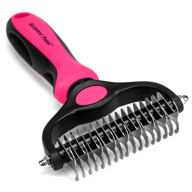 Maxpower Planet Hair Brush - Double Sided Shedding, Dematting Undercoat Rake for Dogs, Cats - Extra Wide Dog Grooming Brush, Pink Large - PawsPlanet Australia