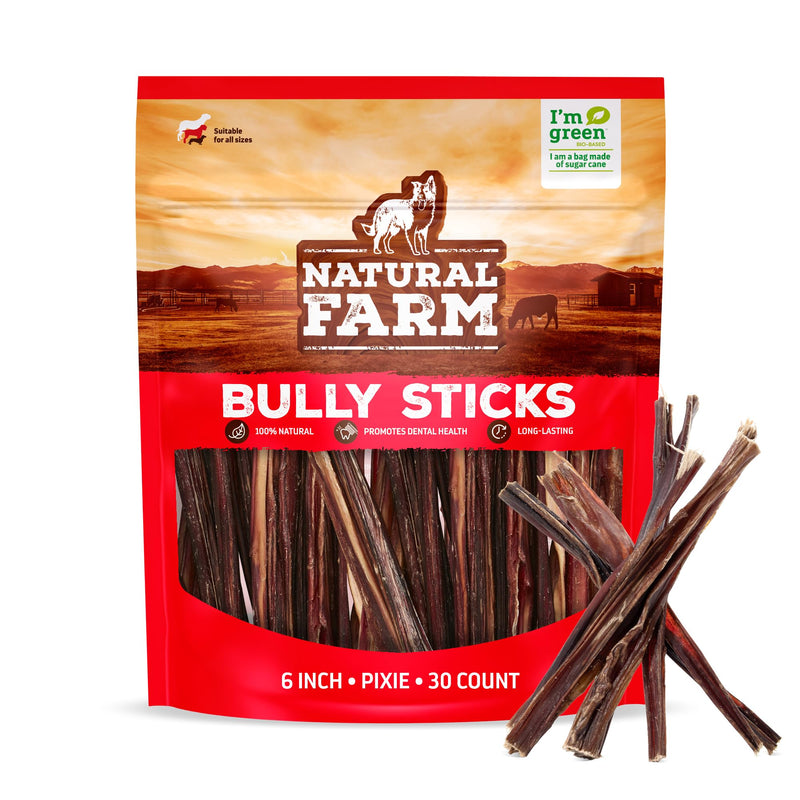 Natural Farm Bully Sticks (6 Inch, 30 Pack), Thin Pizzle Pixie Beef Treats, Grain-Free, High Protein, Best Rawhide Alternative for Small, Puppies or Senior Dogs 30 Count (Pack of 1) - PawsPlanet Australia