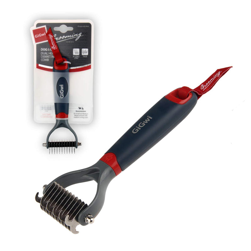GiGwi Dog Rake for Grooming- 2 Sided Undercoat Pet Grooming Tools-Dog Rakes for Safe and Gentle Shedding and Removing Mats/Duall Head Dematting Comb Brush 11 Teeth for Dogs Cats Kitty and other Pets S ?11 teeth)