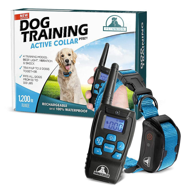 Pet Union PT0Z1 Premium Training Shock Collar for Dogs with Remote - Fully Waterproof, 4 Adjustable Training Modes - Shock, Vibration, Beep - Up to 1200ft Range Blue - PawsPlanet Australia