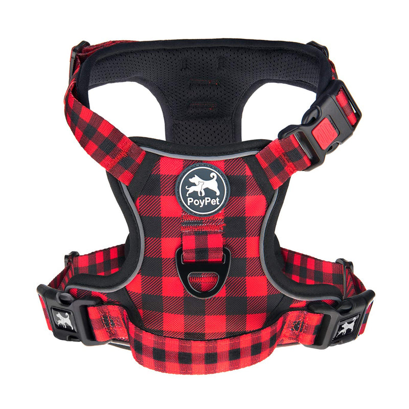 PoyPet No Pull Dog Harness, [Release at Neck] Reflective Adjustable No Choke Pet Vest with Front & Back 2 Leash Attachments, Soft Control Training Handle, Plaid(Checkered Red, S) Checkered Red - PawsPlanet Australia