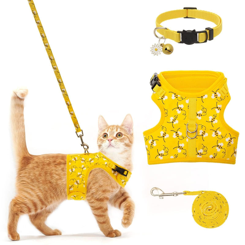 BINGPET Cat Harness with Leash and Collar for Walking - Escape Proof with 59 Inches Leash - Adjustable Soft Vest Harnesses for Medium Large Cats Bee - PawsPlanet Australia