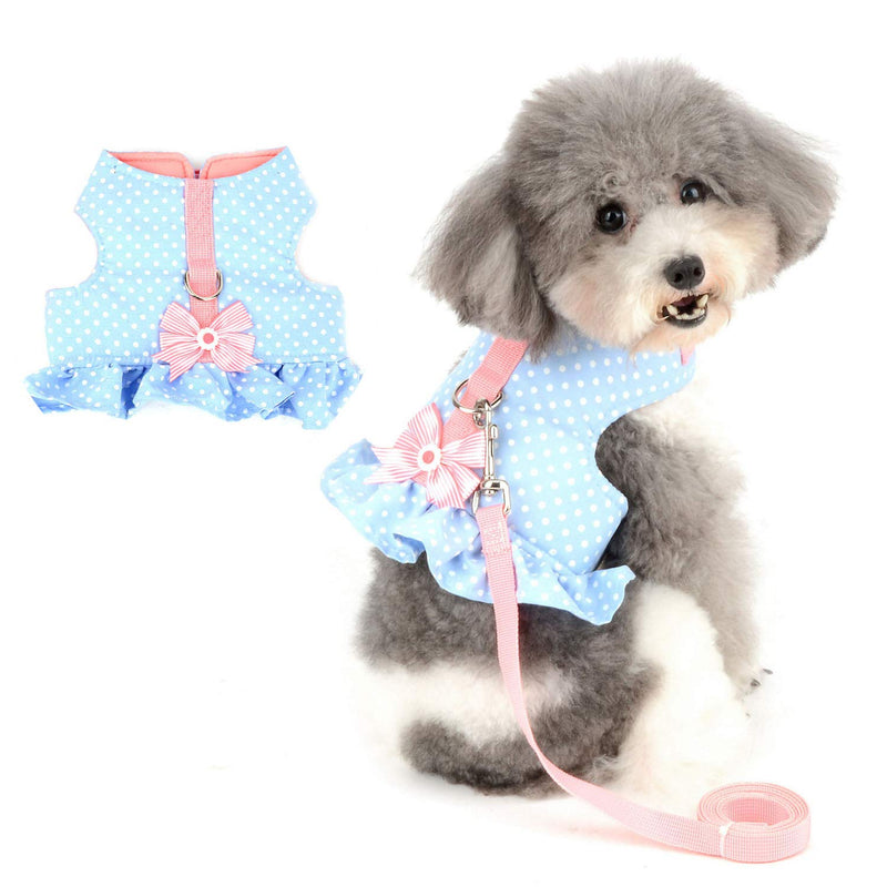Zunea No Pull Small Dog Girl Harness Dress Escape Proof Cat Kitten Vest Harness Leash Set Step-in Soft Cotton Padded Polka Dot Jacket Chihuahua Puppy Clothes with Cute Bow for Walking Blue XS XS (Chest:12.2-13.7", Neck:8.2-9.4") blue dots - PawsPlanet Australia