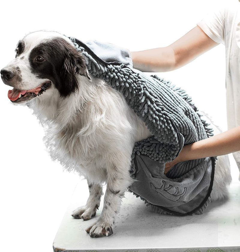 Tuff Pupper Quick Dry Towel for Dogs | Ultra Absorbent Microfiber Shammy | Extra Large 35x15 Size Dog Bath Towel | Comfortable Hand Pockets | Indoor Outdoor Use | Durable Material | Machine Washable Cool Grey - PawsPlanet Australia