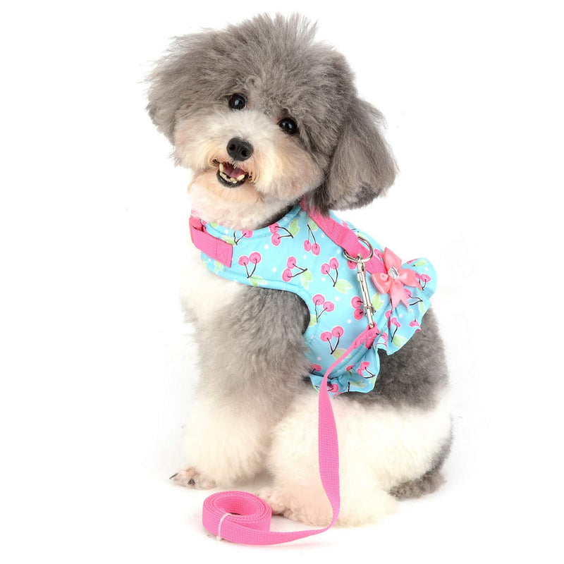 SMALLLEE_LUCKY_STORE Bow Cherry Print Cat and Small Dog Harness Dress with Leash for Girls Adjustable No Pull Escape Proof Soft Walking Jacket Waterproof Puppies Kitten Harness Vest Outdoor,Green S S(chest 14.5-15.5 Inch) blue cherry - PawsPlanet Australia