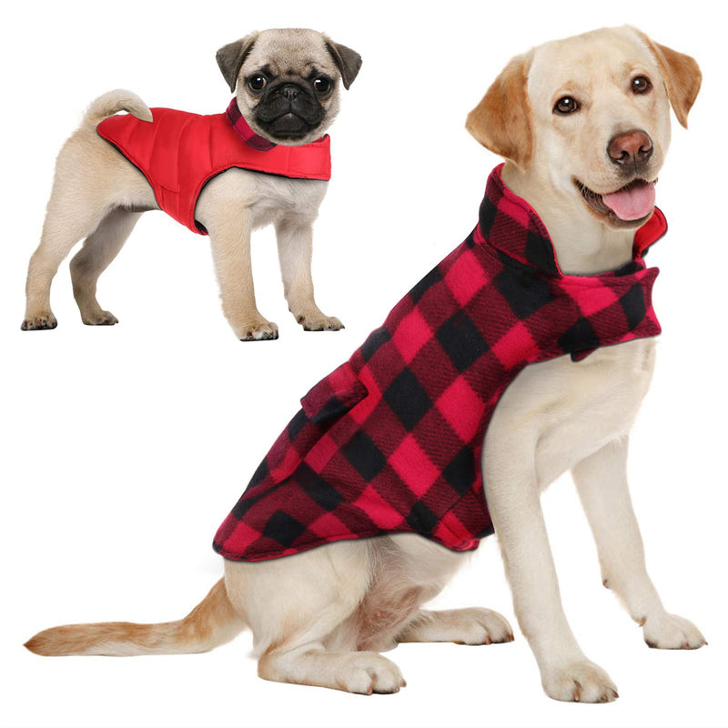 AOFITEE Reversible Dog Cold Weather Coat, Waterproof British Style Plaid Winter Pet Jacket, Warm Cotton Lined Vest Windproof Collar Outdoor Apparel for Small Medium and Large Dogs XX-Large (Pack of 1) Red & Black Grid - PawsPlanet Australia