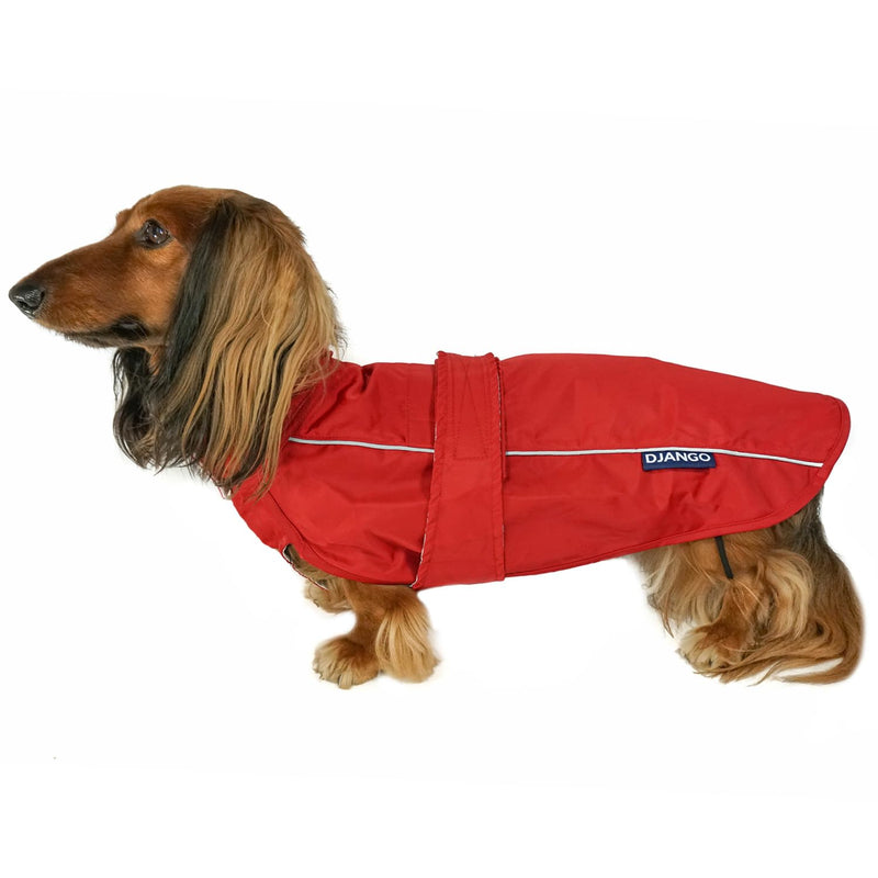 DJANGO Dog Jacket & Raincoat – Lightweight Water-Resistant Coat for Small, Medium & Long Dogs Like Dachshunds – Reflective, Adjustable Fit, Harness-Compatible & Easy-Access Harness Hole - Red, Large Cherry Red - PawsPlanet Australia