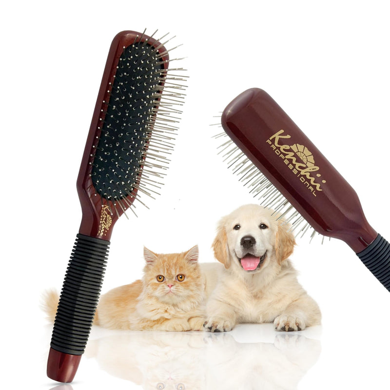 Kenchii Pet Grooming Metal Pin Brush | Solid Wood, Non-Slip Grip Detangling and Shedding Tool for Long or Short Haired Pets - Large Oblong Size - PawsPlanet Australia