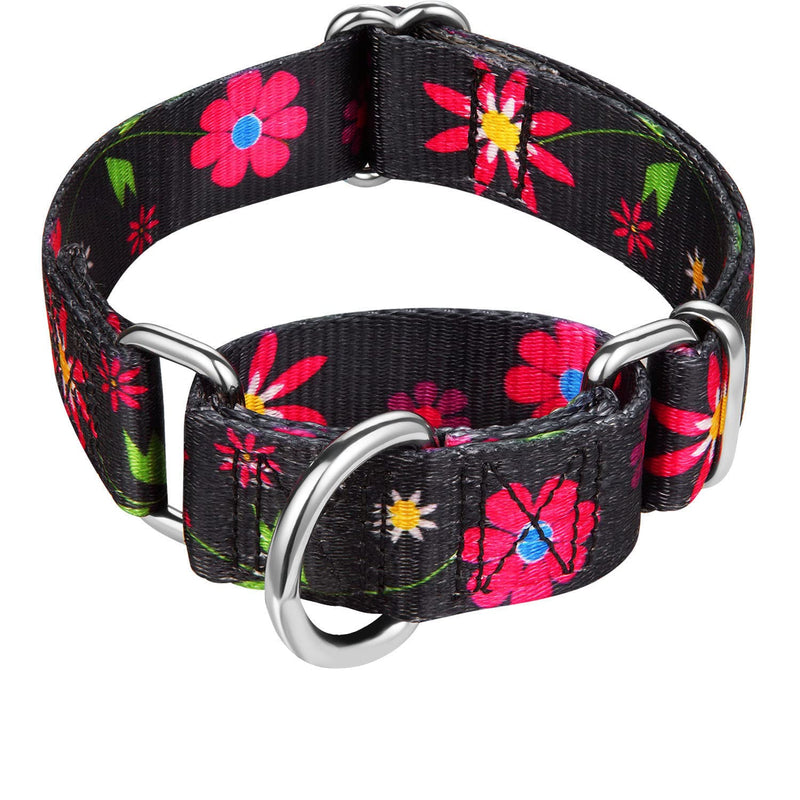 Martingale Collar Floral Print Dog Collar - No Pull Pet Collar, Heavy Duty for Medium Dogs, Adjustable Neck 14 Inch to 21 Inch, Sun Flower (Black) Medium, 1 Inch Wide Sun Flower - Black - PawsPlanet Australia