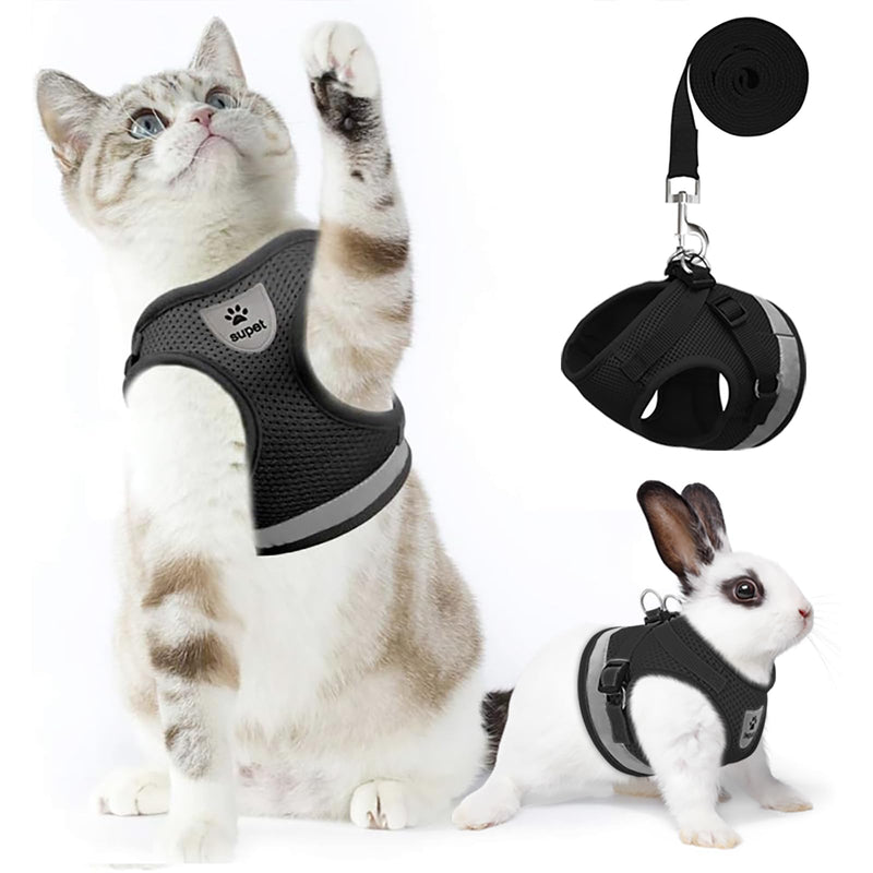 Supet Cat Harness and Leash Set for Walking and Small Dog Soft Mesh Harness Adjustable Vest with Reflective Strap Comfort Fit for Pet Kitten Puppy Rabbit M (Chest: 12.5" - 15.5") Black - PawsPlanet Australia