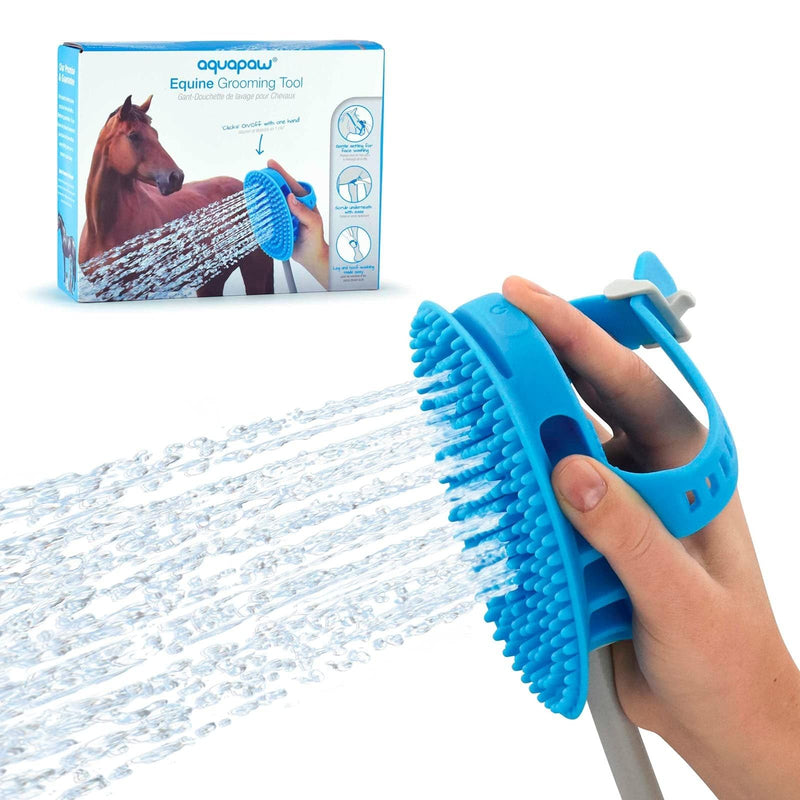 Aquapaw 5-in-1 Horse & Dog Bath Brush & Curry Comb - XL Blue Silicone - Includes 3-ft Shower Hose Attachment & Adapter - Adjustable Spray Scrub Massager - Great for Horses & Big Dogs X-Large - PawsPlanet Australia