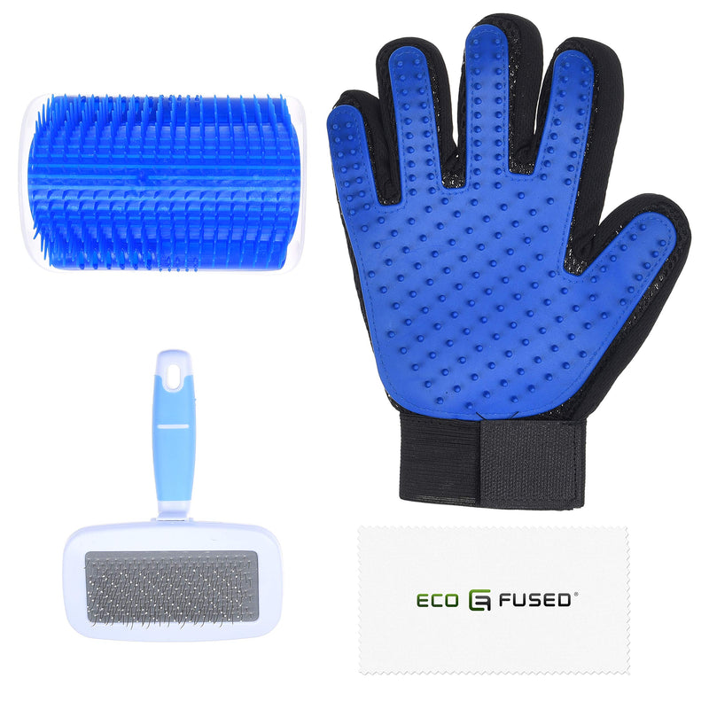 Eco-Fused Brush Kit for Cats - 1x Cat Self Groomer, 1x Blue Slicker Brush, 1 Pet Grooming Glove (Right Hand) - Long and Short Fur - DIY Grooming Tools for Pets - Pet Mitt, Wide Comb and Corner Groomer - PawsPlanet Australia
