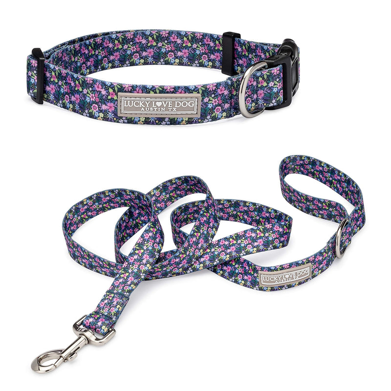 Lucky Love Dog, Matching Dog Collar & Leash Set for Female Dogs, Soft, Adjustable, Safe for Training and Walking, Black & Purple Floral Print, Primrose Combo, X-Small Primrose Collar/Leash Combo X-Small | 7-11"