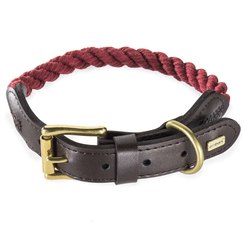 Embark Pets Country Dog Rope Collar - Braided Cotton and Rolled Leather Dog Collar for Small Dogs - Durable Dog Collars for Small Dogs and Strong Build for Training, Walking, Running (Small, White) Bordeaux Red - PawsPlanet Australia
