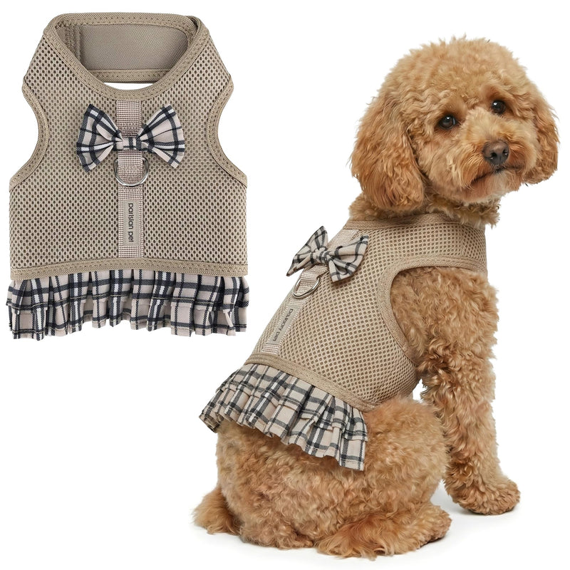 Parisian Pet Plaid Khaki Dog Harness Dress - Breathable No Pull Puppy Dress with Leash Ring - 100% Mesh Fabric Harnesses for Dogs - Soft Padded Step in Pet Vest - Dog Harness for Large Sized Dogs L Plaid/Khaki Dress - PawsPlanet Australia