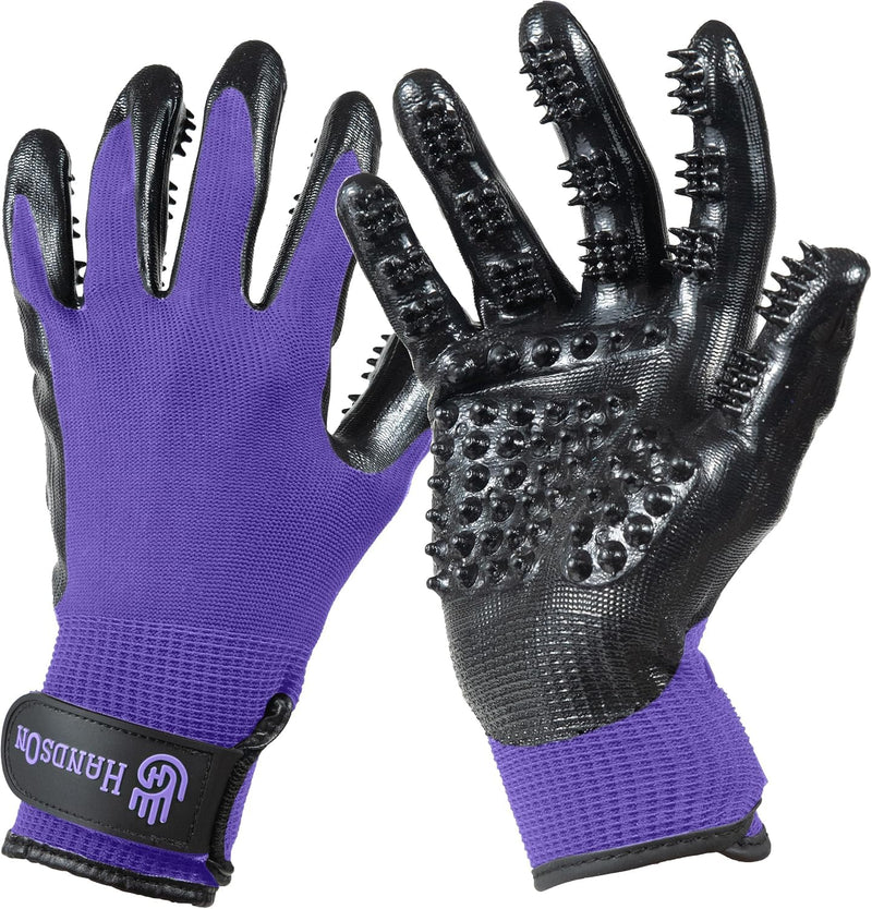 H Handson Pet Grooming Gloves - Cat, Dog, Horse Gentle Hair Remover Brush - Mitt For Long & Short Haired Fur - Shedding, Bathing & Massaging Glove (Purple, Small) - PawsPlanet Australia