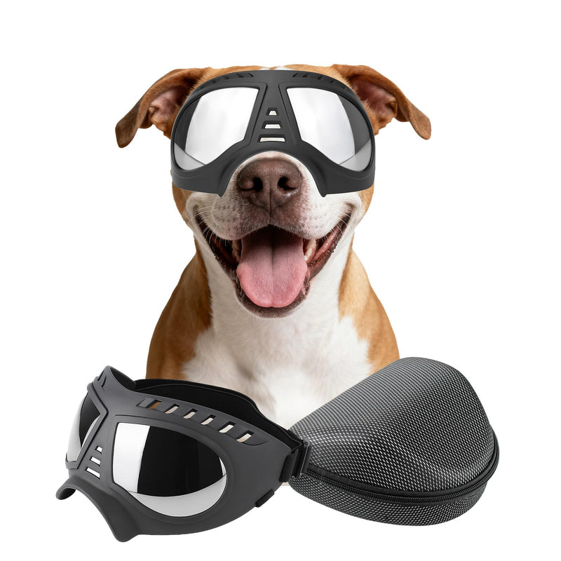 PETLESO Dog Goggles for Large Dogs, Anti-UV Pet Sunglasses Eyes Protection Windproof Snowproof for Medium Large Breed Hiking/Driving/Cycling, Soft Frame with Adjustable Non-Slip Straps, Black Silver Lens - PawsPlanet Australia