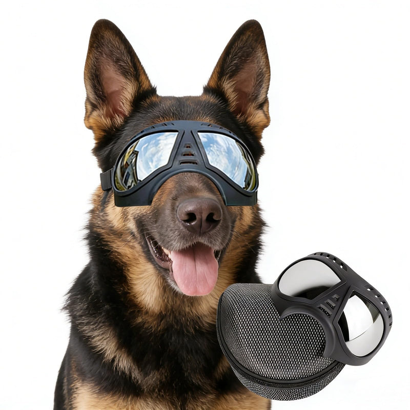 Namsan Dog Goggles for Large Dogs, Wide Snout & Soft Frame, Tactical Driving Sunglasses for Dogs Medium to Large Breed, Anti-UV Dog Eye Protection, Windproof Dustproof, Adjustable, Black (Large)Silver Lens - PawsPlanet Australia