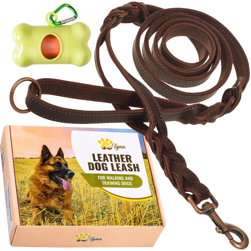 ADITYNA Braided Leather Dog Leash -Heavy Duty Dog Leash for Extra Large, Large, Medium and Small Dogs Two Handles 6 foot x 3/4" Brown