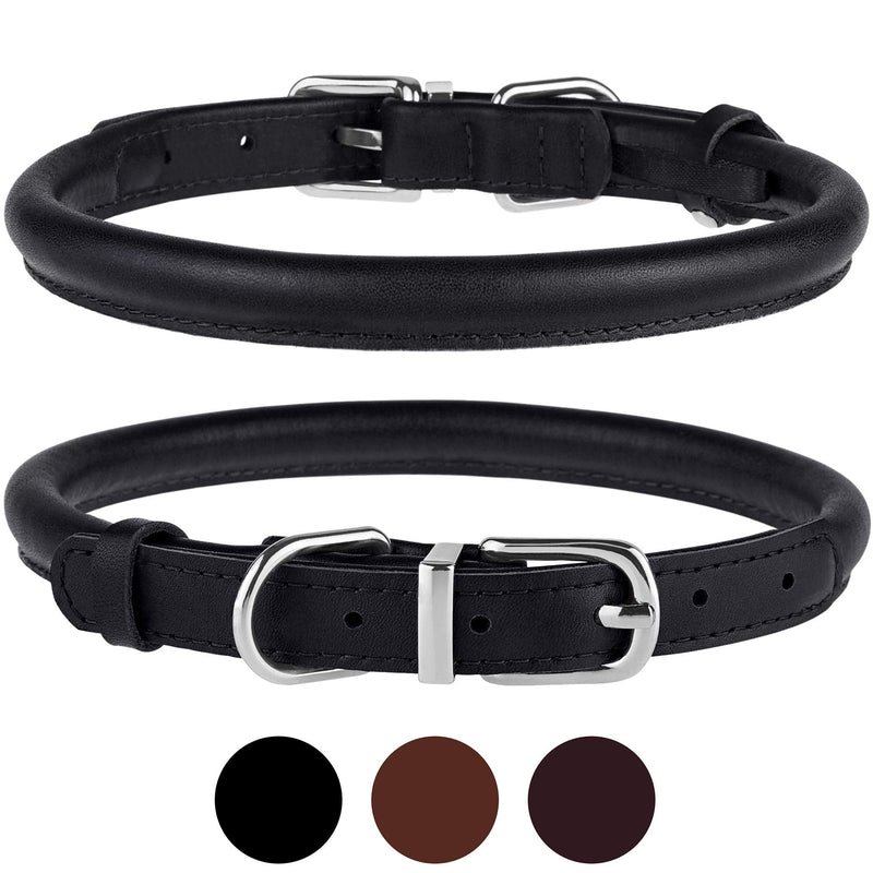 BRONZEDOG Rolled Leather Dog Collar Durable Metal Buckle Round Pet Collars for Small Medium Large Dogs Puppy Black Brown 15 - 17 Inch (Pack of 1)