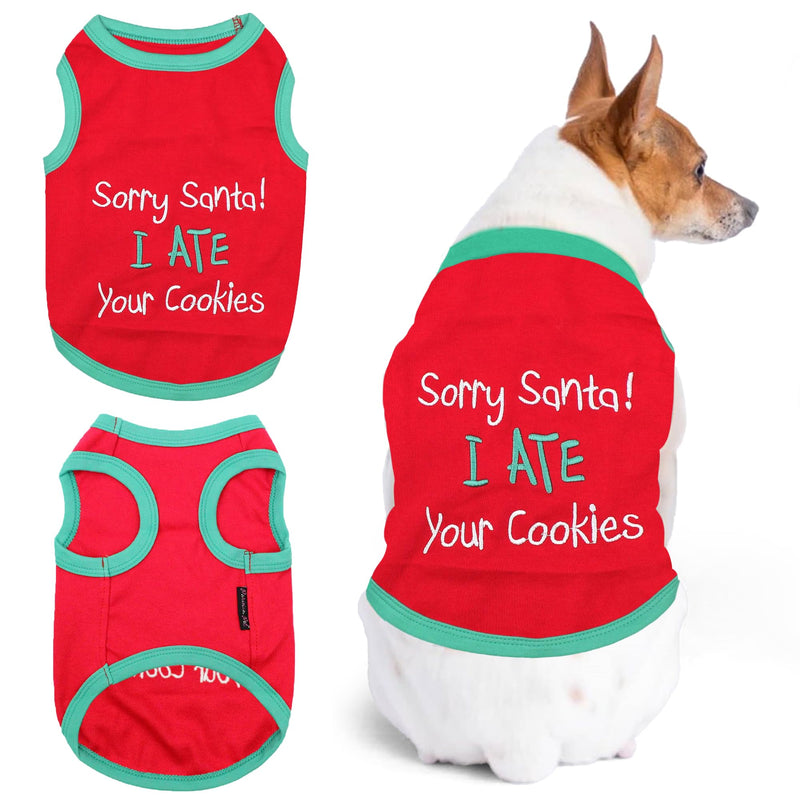 Parisian Pet Dog T-Shirt - Embroidered 'Sorry Santa I Ate Your Cookies' - Lightweight Cotton Dog Christmas Outfit - Sleeveless - 5XL - PawsPlanet Australia