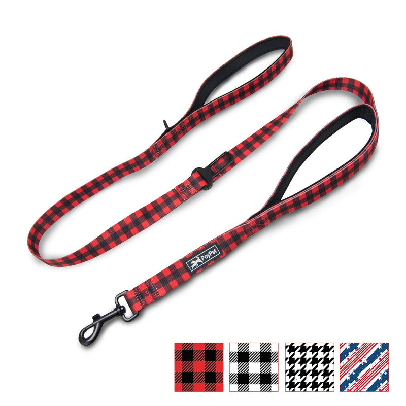 PoyPet 5 Feet Dog Leash - 2 Cushioned Handles - Functional Car Seat Belt - Fashionable Pattern, Buffalo Plaid(Checkered Red, L) L( 1'' Width ) Checkered Red - PawsPlanet Australia