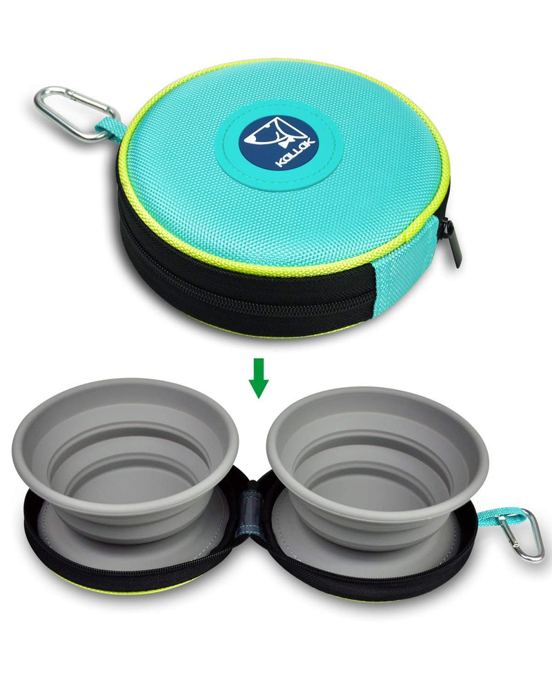KALLAK Travel Twin Pet Bowls for Dogs or Cats, Collapsible Silicone Bowls for Food and Water Feeding, Anti-Dirty Foldable Zip Up Carry Case with Carabiner Clip, Portable Hiking Dog Bowl - Turq - PawsPlanet Australia