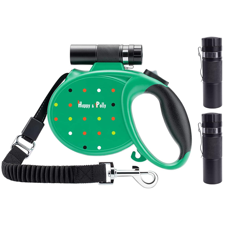 Happy & Polly Retractable Dog Leash with Flashlight, Protective Bungee Leash, Convenient Hook, 16.4ft Reflective Fishing Line Weaved Strong Tape, One- Handed Release, Pause, Lock Green - PawsPlanet Australia