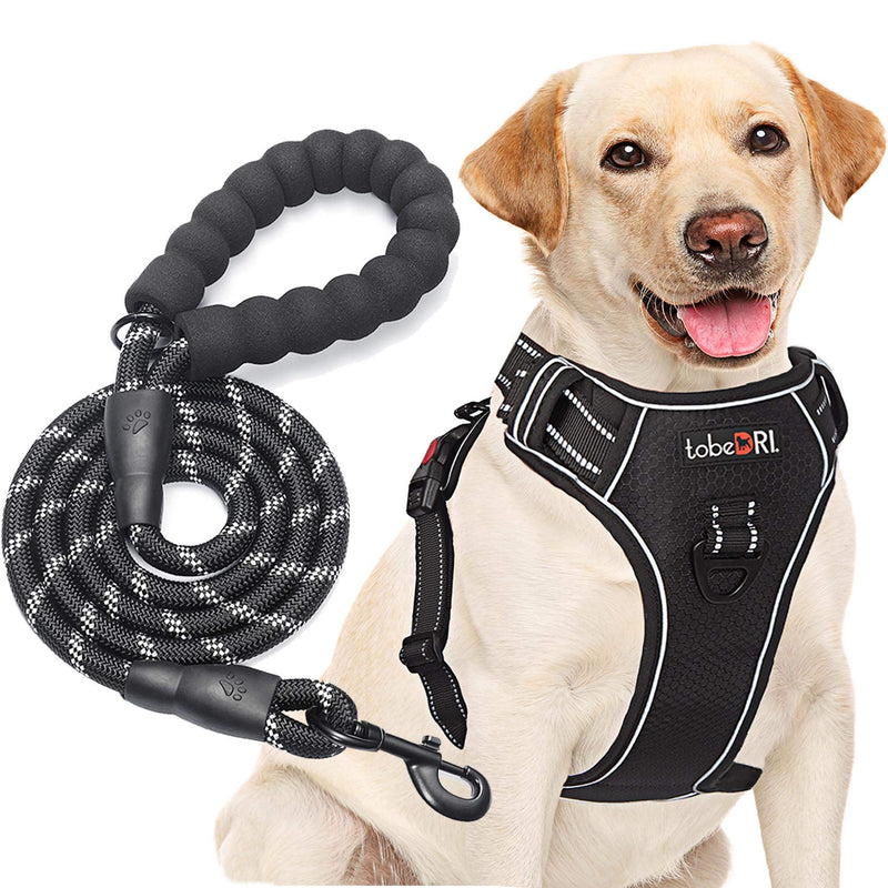 No Pull Dog Harness Adjustable Reflective Oxford Easy Control Medium Large Dog Harness with A Free Heavy Duty 5ft Dog Leash Black Harness+Leash