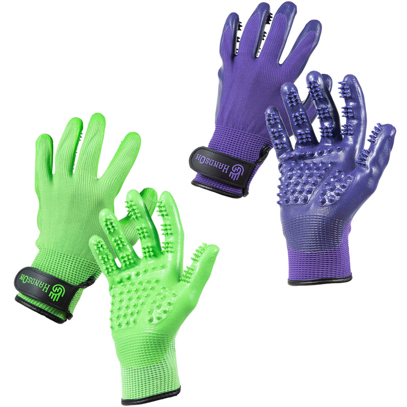 HandsOn Pet Grooming Gloves - #1 Ranked, Award-Winning Cat, Dog & Horse Hair Remover Gloves - Bathing, Shedding & Massaging Tool - Gentle Brush for Long & Short Fur (2 Pairs, Green & Purple, S) 2 Smalls 1 Green & 1 Purple - PawsPlanet Australia