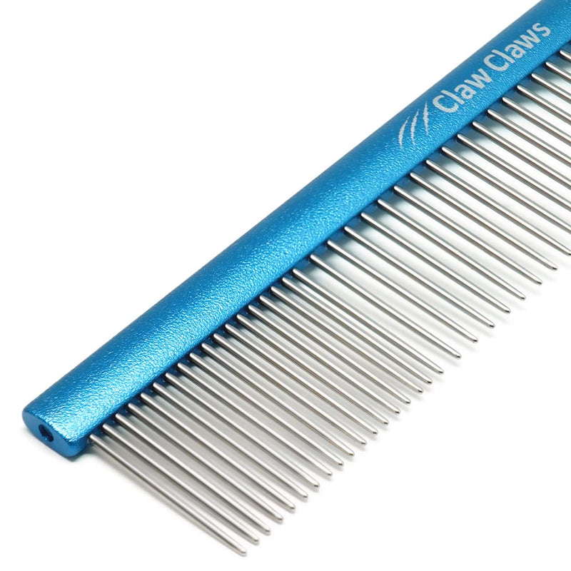 Greyhound Comb with Oval Handle for Dogs and Cats, Removing and Shedding Matted, Tangled Hair, Metal Comb with Stainless Steel Pins, Detangling Grooming Tool (9.8" Blue-20% fine pins) Medium