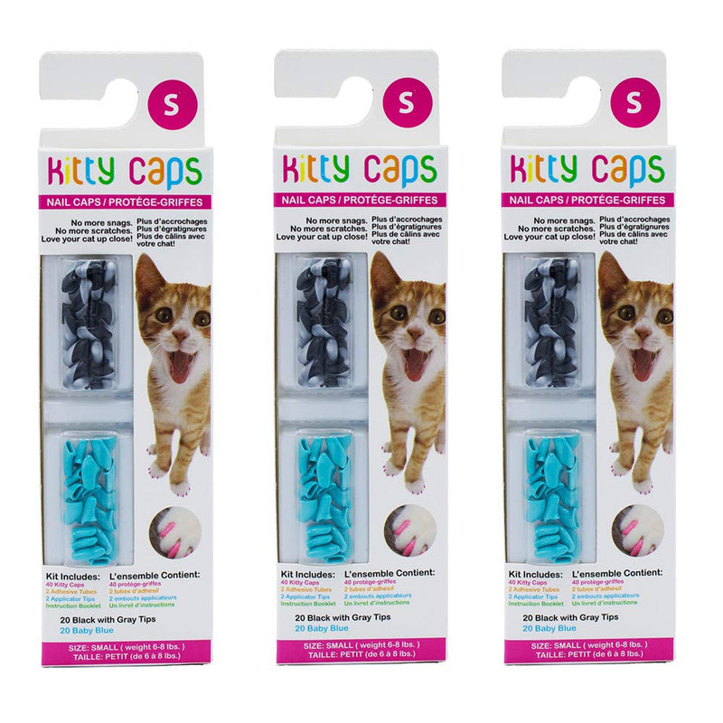 Kitty Caps Nail Caps for Cats | Black with Gray Tips & Baby Blue, Small, 40 Count - 3 Pack | Safe, Stylish & Humane Alternative to Declawing | Stops Snags and Scratches - PawsPlanet Australia
