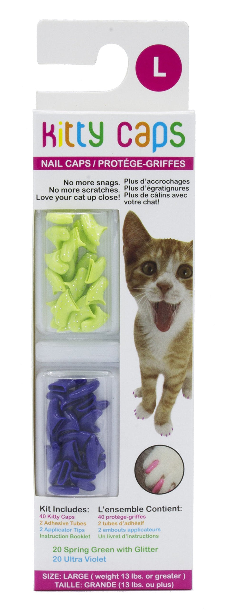 Kitty Caps Nail Caps for Cats | Spring Green with Glitter & Ultra Violet, 40 Count, Large - 3 Pack | Safe, Stylish & Humane Alternative to Declawing | Stops Snags and Scratches Large (13 lbs or greater) 3-Pack - PawsPlanet Australia