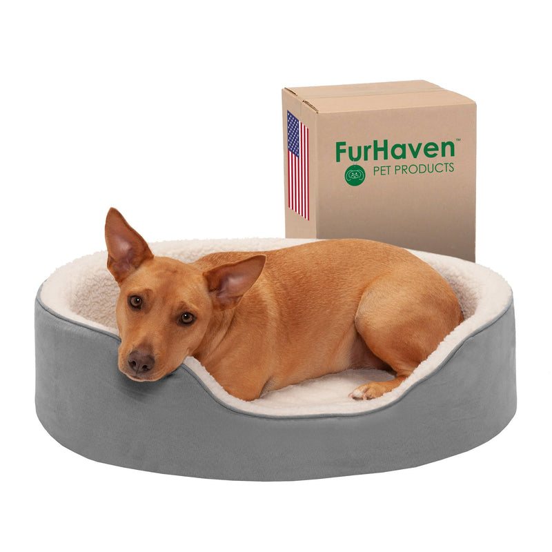 Furhaven Orthopedic Dog Bed for Large/Medium Dogs w/ Removable Washable Cover, For Dogs Up to 30 lbs - Sherpa & Suede Oval Lounger - Gray, Large - PawsPlanet Australia