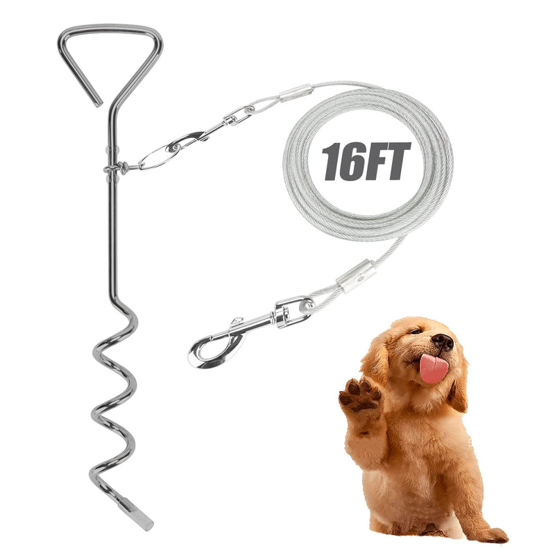 Darkyazi Dog Stake Tie Out Cable and Reflective Stake 16 ft Outdoor, Yard and Camping, for Medium to Large Dogs Up to 125 lbs (16ft Cable, 18" Stake, Silver) 16ft cable, 18" stake - PawsPlanet Australia