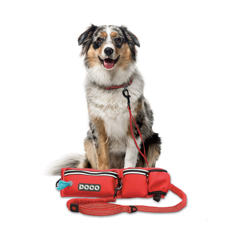 DOCO Heavy Duty Hands Free Dog Leash, Retractable Bungee for Running Walking Jogging, Training, Hiking │ Adjustable Waist Belt, Reflective Stitches, Dual Handle (Medium-Large Dogs, 20-100 lbs) Red Original - PawsPlanet Australia