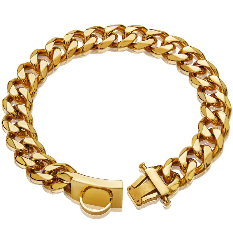 Gold Dog Chain Collar Walking Metal Chain Collar with Design Secure Buckle,18K Cuban Link Strong Heavy Duty Chew Proof for Medium Dogs(19MM, 18") 18 Inch (Pack of 1) - PawsPlanet Australia