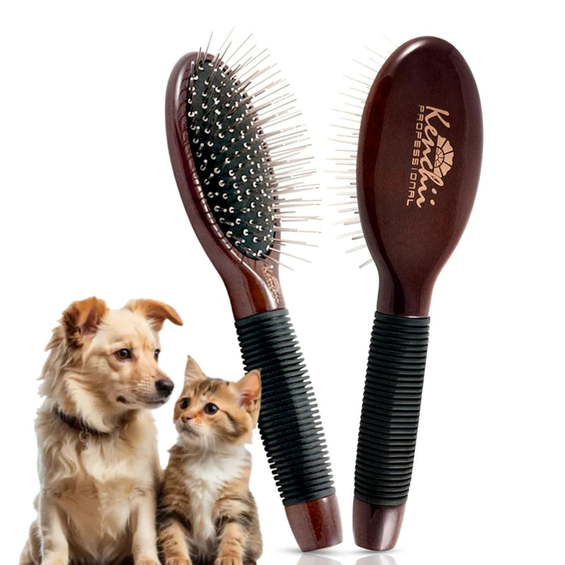Kenchii Pet Grooming Metal Pin Brush for Dogs and Cats, Solid Wood Handle, Non Slip Grip, Detangling and Shedding Brush for Long or Short Haired Pets, Size Small - PawsPlanet Australia