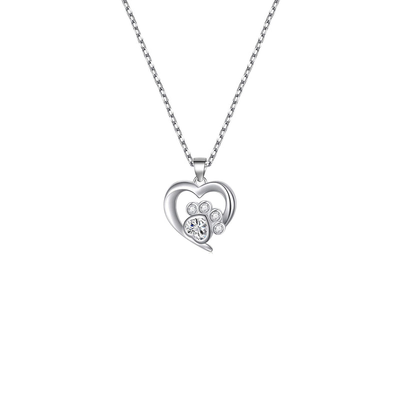 BEKECH Pet Lover Gifts Paw Print Necklace Cubic Zirconia Puppy Dog Cat Pet Paw Print Love Heart Pendant Necklace for Women silver - PawsPlanet Australia