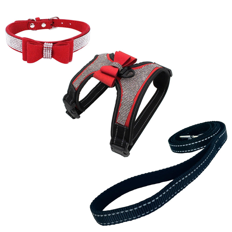 3pcs Bow Ties Bling Cute Dog Harness and Dog Collar with Lead for Dog - Red - S - PawsPlanet Australia