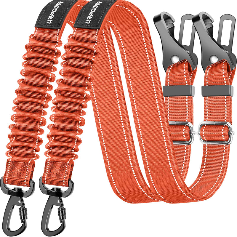 URPOWER 3-in-1 Dog Seat Belt for Car, 2 Pack Adjustable Bungee Dog Car Harness with Seatbelt Buckle & Latch Hook, Reflective & 360° Swivel Heavy Duty Pet Safety Belts for Dogs and Cats Orange - PawsPlanet Australia